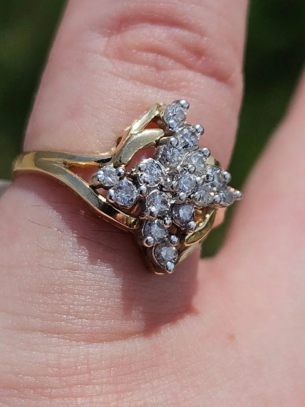 14K Yellow Gold Diamond Cocktail Bypass Flower Cluster Ring .30TCW Size 6.5